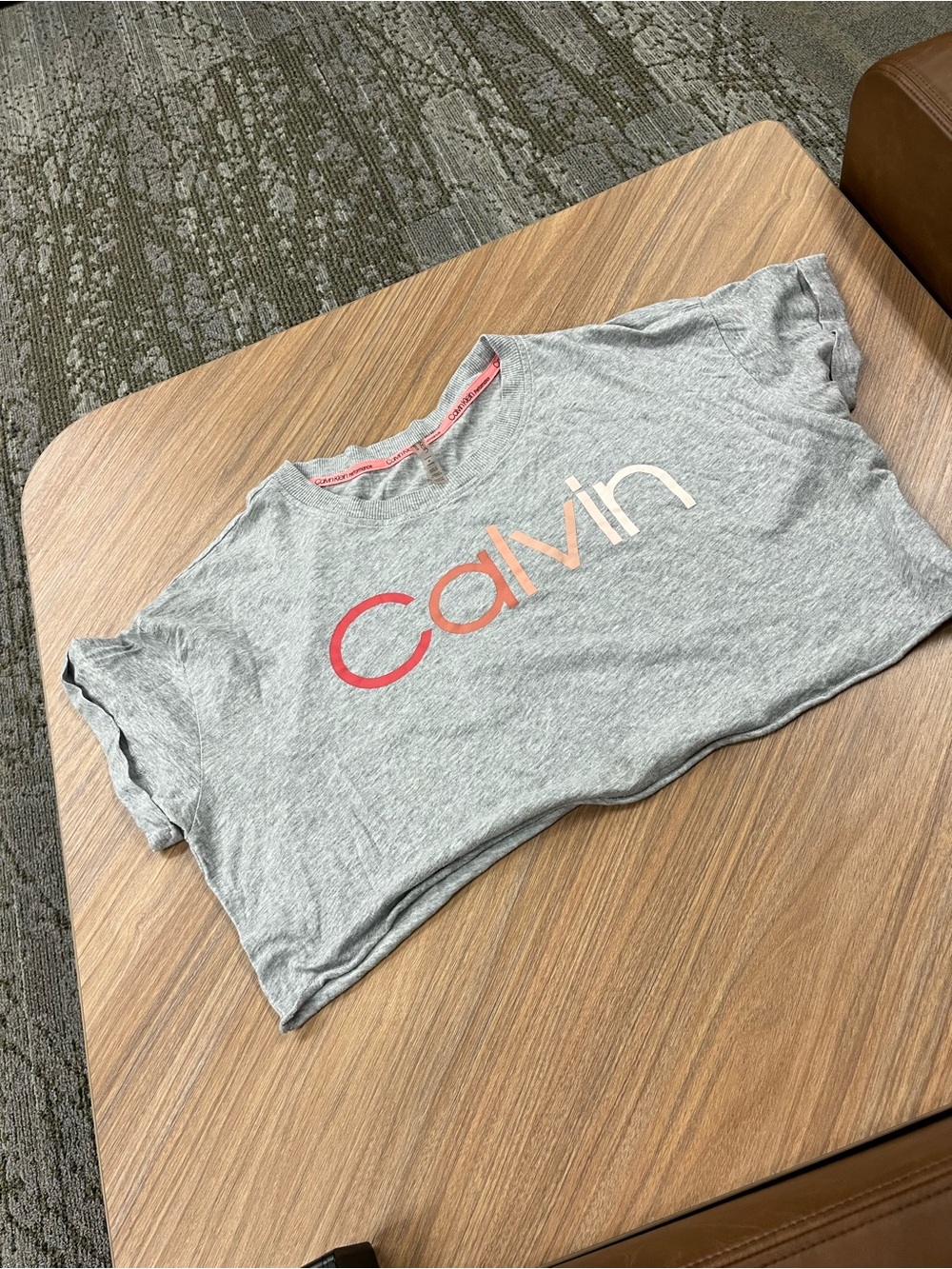 Calvin Klein Gray Crop Tee with Pink-to-Peach Logo